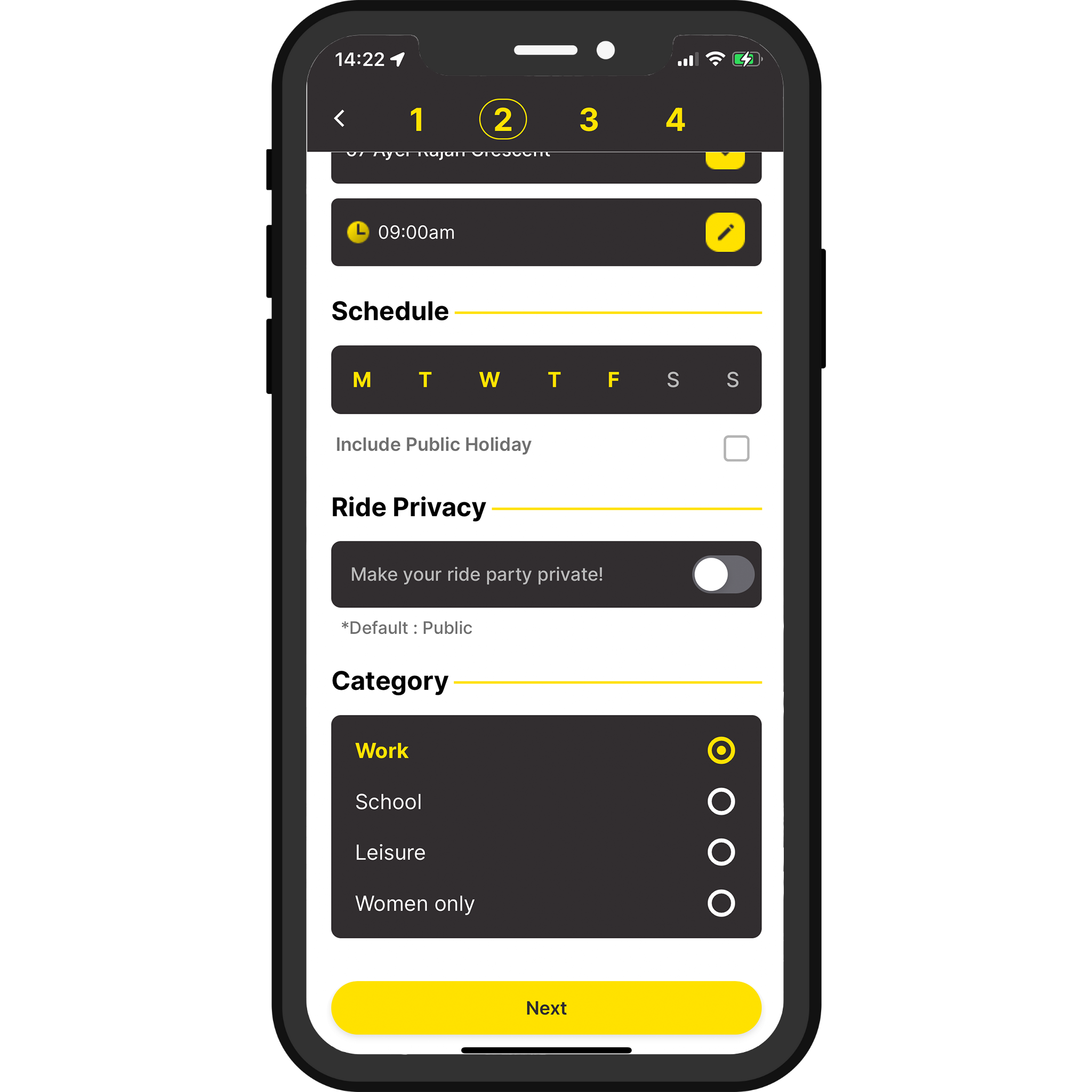 Step 4: Customise your schedule, ride privacy and select the ride category.