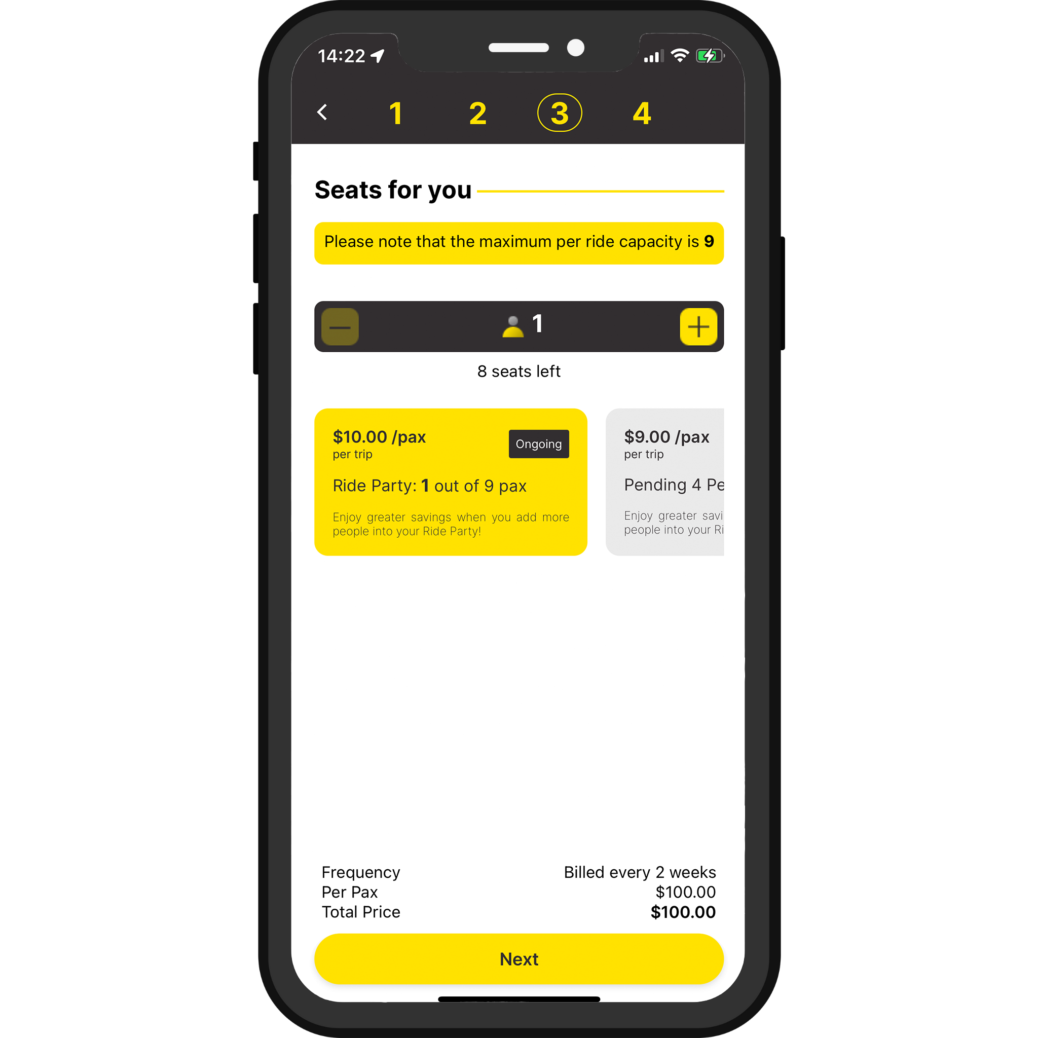 Step 5: Select the number of seats you need. More people = lower prices.