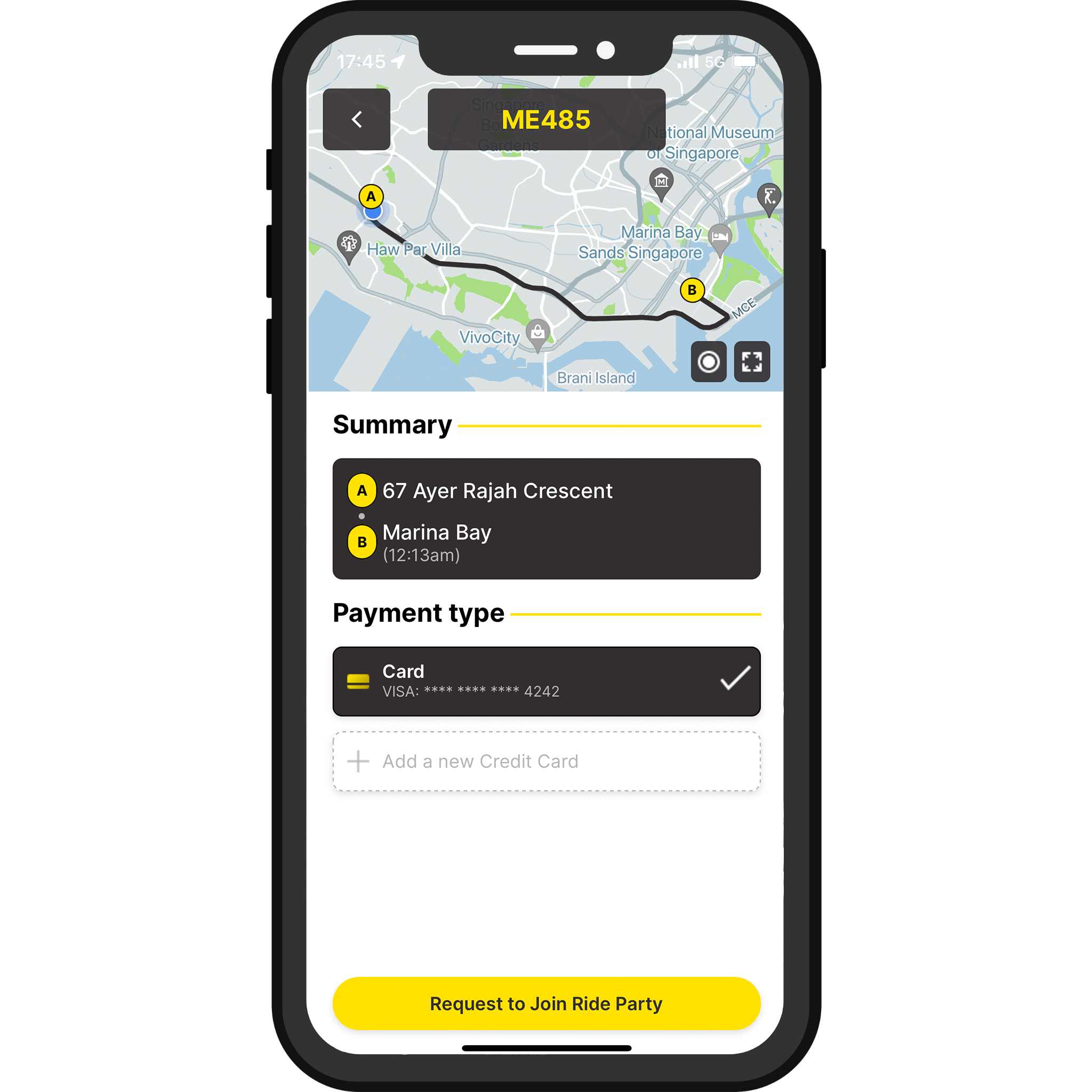 Step 7: Select the card you want to make payment with and click "Request to join Ride Party"
